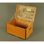 A vintage French painted pine box, with "La Chat" Hoffmann trade label. Width 54 cm.