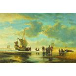 An oil painting on canvas of a beach scene with sailing vessel. 60 cm x 90 cm in gilt frame.