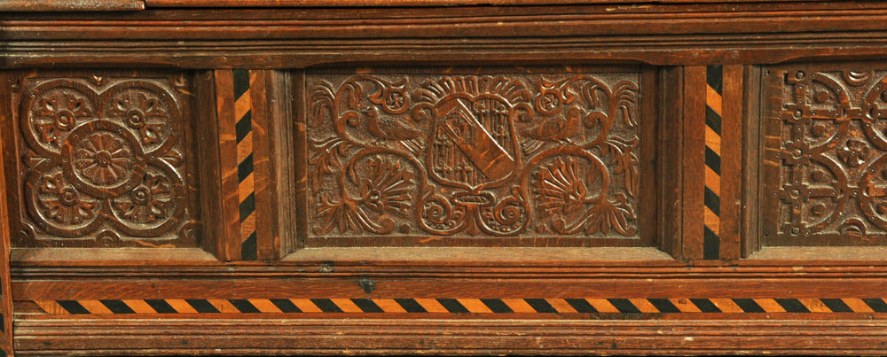 A Victorian carved oak settle, decorated with floral, armorial and religious panels, - Image 7 of 15