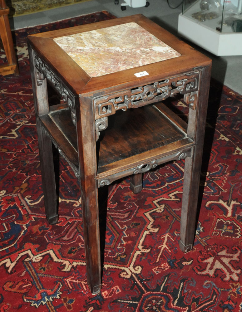 A Chinese hardwood rouge marble topped jardiniere stand with shelf. - Image 2 of 8