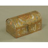 An antique Cairo ware fish decorated dome topped box. Length 11 cm.