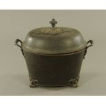 A Victorian black painted tin oval two handled lidded coal scuttle, 55 cm high.