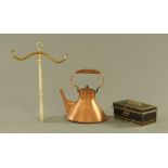 A copper ships type kettle, a cash box with key and a vintage coat hanger.