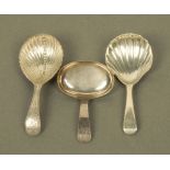 A George III silver caddy spoon, with engraved old English terminal,