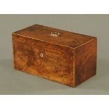 A George III figured mahogany rectangular tea caddy, inlaid with boxwood stringing and banding,