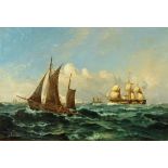 Nielsen oil on canvas, gunboat and other vessels.