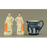 A pair of Staffordshire figures, "Moody" and "Sankey", together with a Wedgwood jug. Tallest 25 cm.