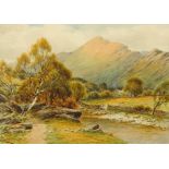 Harry Sticks (1867-1938), a watercolour Lake District scene with cottage and dry stone wall.