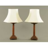 A pair of 1920's oak electric table lamps with reeded square section columns, each with shade.