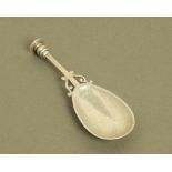 A George V silver seal top caddy spoon, with planished oval bowl by Frances Charlotte Harling,