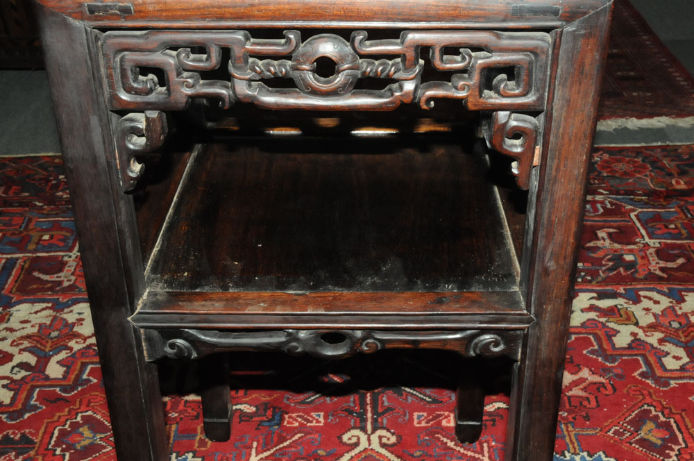 A Chinese hardwood rouge marble topped jardiniere stand with shelf. - Image 5 of 8