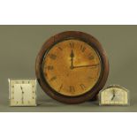 An oak cased school type wall clock, together with a Smiths 30 hour Art Deco clock and another.