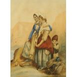 Attributed to Octavius Oakley, watercolour two women and child. 31 cm x 22 cm, framed.