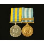 Two Korean medals with ribbons, to L/FX. 855538 J.K. Wilde A.A.4.R.N. with ribbons.