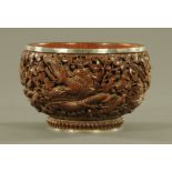 A Burmese white metal mounted rosewood or padouk bowl,