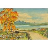 Alan Johnston, watercolour lake, mountain and roadside scene.
