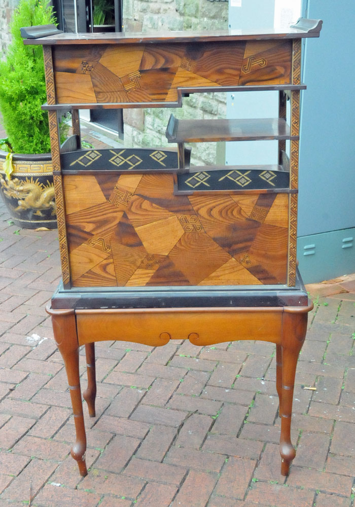 A Japanese parquetry and lacquered tabletop cabinet, raised on a later stand. - Image 12 of 15