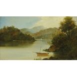 A Victorian oil painting on board, yacht on lake, 20 cm x 35 cm, framed,