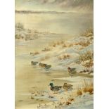 John Baxendale, watercolour, winter estuary scene with ducks to foreground.