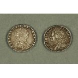 A George II silver sixpence, 1758 and a George III example 1787.