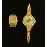 Two ladies 9 ct gold cased ladies wristwatches, one with Arabic numerals, the other by Rone.