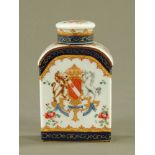 A Samson armorial porcelain rectangular tea caddy, with arched top, decorated with floral sprays,