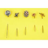 Five silver coloured and gold coloured stick pins, a part case of studs.