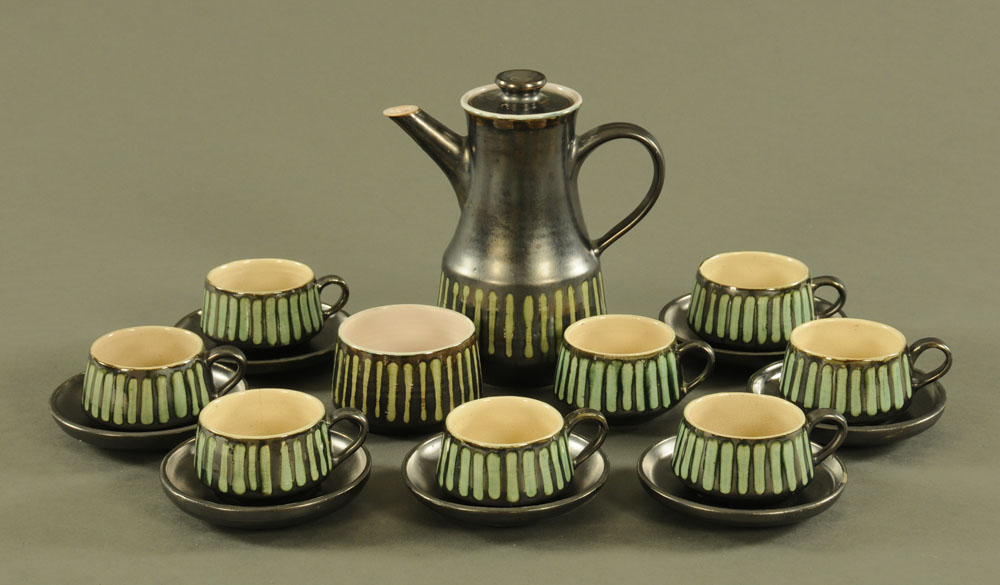 A stoneware coffee service, circa 1970, comprising coffeepot, eight cups,