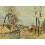 N, Meadows, watercolour, riverside footpath with mother and child to foreground.