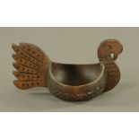 A Scandinavian stained wood bird shaped bowl. Height 13 cm, length 24 cm.