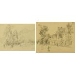 A pair of 19th century pencil drawings, figures beside a house and in landscape.