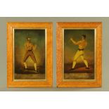 Two Victorian bare knuckle fighter pictures on glass, 39 cm x 24 cm, framed.