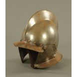 A reproduction Burgonet 16th century style helmet, with hinged cheek guards and rope twist detail.