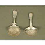 Two George IV silver fiddle pattern caddy spoons,