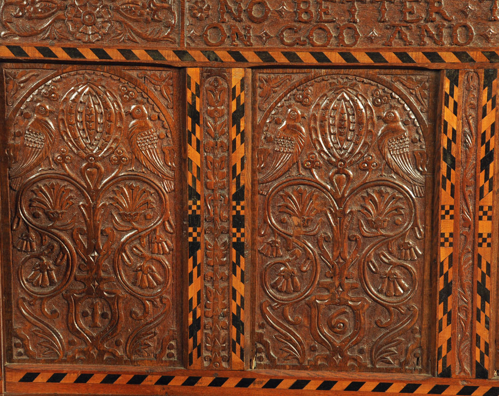 A Victorian carved oak settle, decorated with floral, armorial and religious panels, - Image 5 of 15