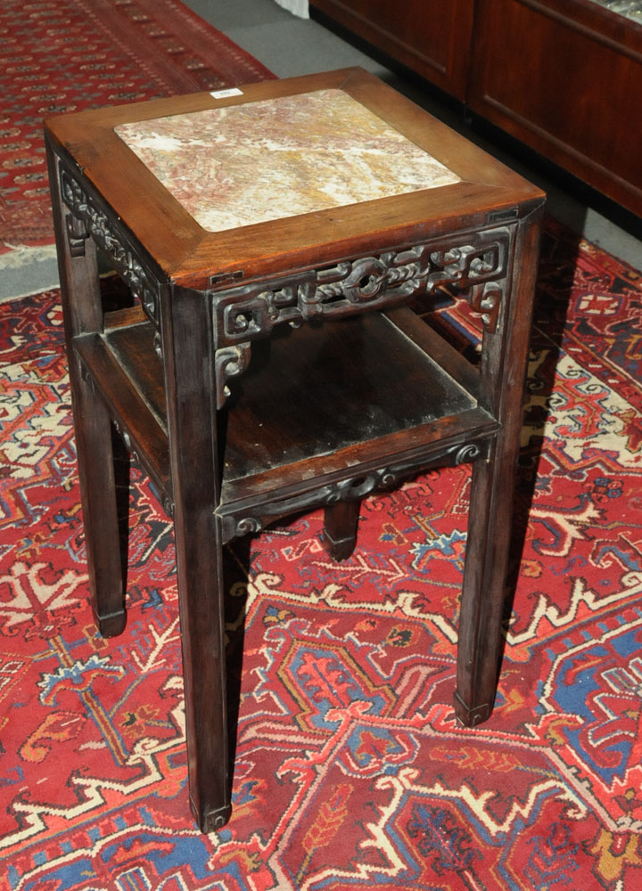 A Chinese hardwood rouge marble topped jardiniere stand with shelf. - Image 3 of 8