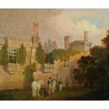 19th century oil painting, castle study, possibly Greystoke, with figures to foreground,