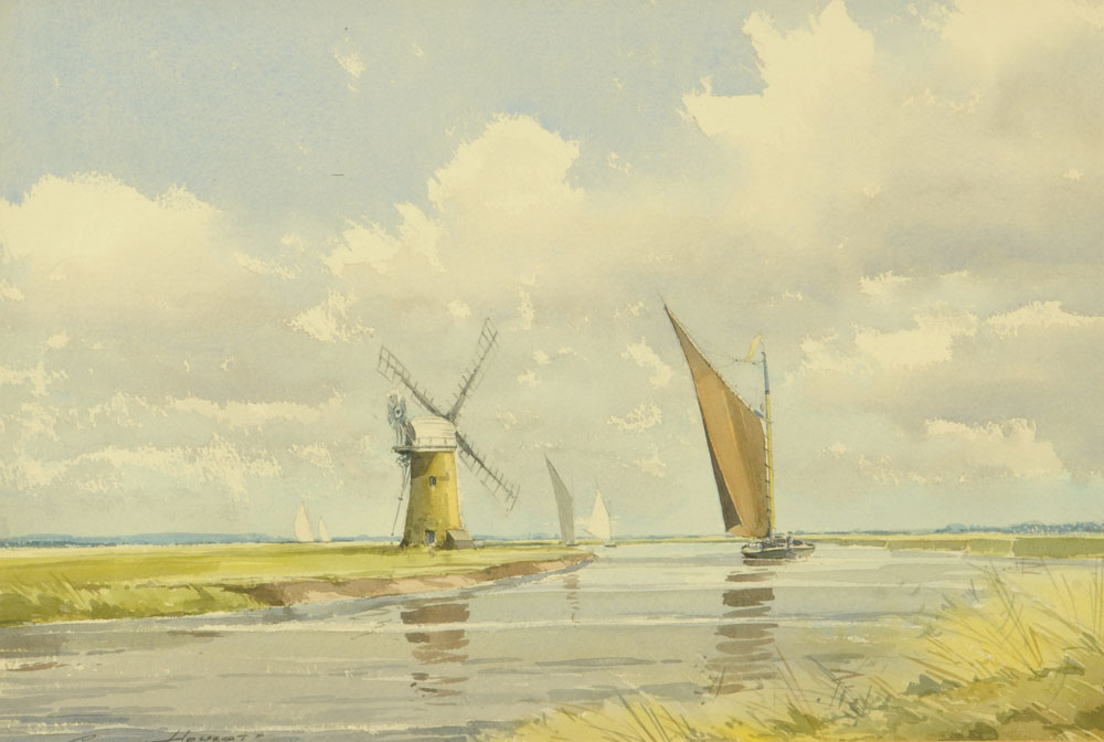 Graham Howleat, "The Albion on the Bure, Near Great Yarmouth". 34 cm x 49 cm, framed, signed.