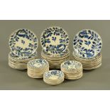 A continental blue and white pottery part dinner service decorated with leaves,