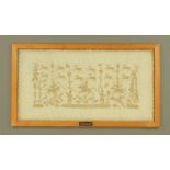 A 17th century crewel work embroidered panel depicting hunters,