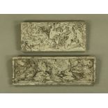 Two grey painted oak rectangular panels, carved with leafage. 41 x 19 cm and 52 cm x 18 cm.