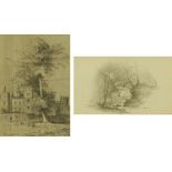 Two 19th century drawings, mansion in parkland and waterfall. Largest 17 cm x 12 cm, both framed.