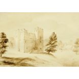 A 19th century grissaille watercolour, " Dacre Castle Cumberland", 17 cm x 25 cm,