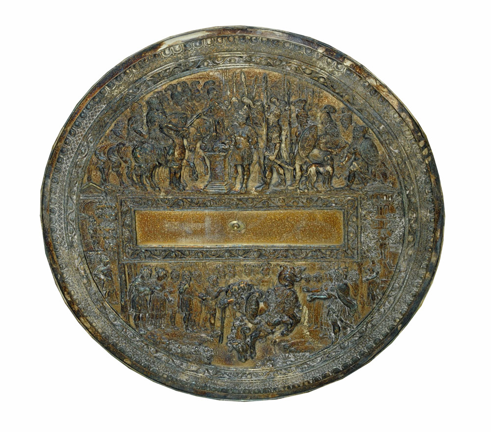 A 19th century white metal circular parade shield,