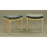 A pair of limed oak and blue velvet Coronation stools,