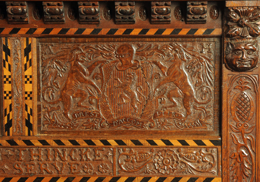 A Victorian carved oak settle, decorated with floral, armorial and religious panels, - Image 4 of 15