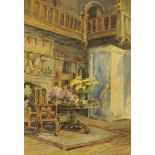 An early 20th century watercolour, interior of Greystoke Castle, monogrammed "V" lower right,