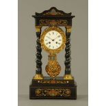 A 19th century French brass inlaid Portico clock, with Pinchon Brothers movement.