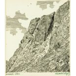 Alfred Wainwright (1907-1991), an original pen and ink drawing "Gimmer Crag", 20 cm x 17 cm, framed,