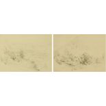 Two 19th century pencil drawings, buildings in mountainous landscapes. Largest 24 cm x 34 cm.